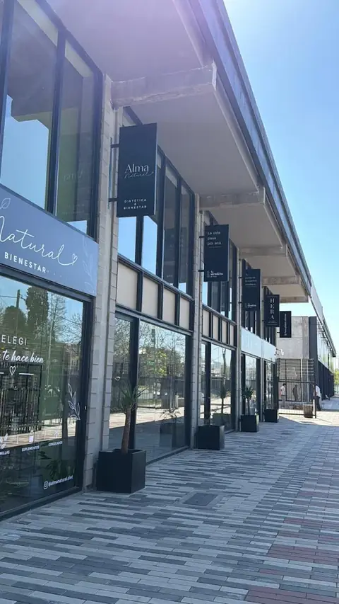 Fila de locales con carteles colgantes bajo el alero