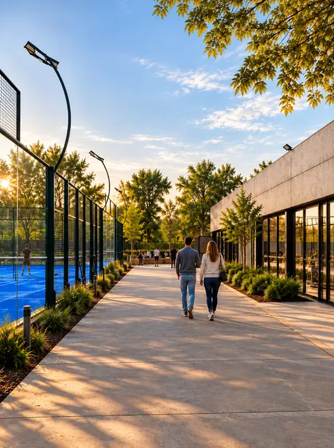 Paseo peatonal arbolado junto a canchas de pádel